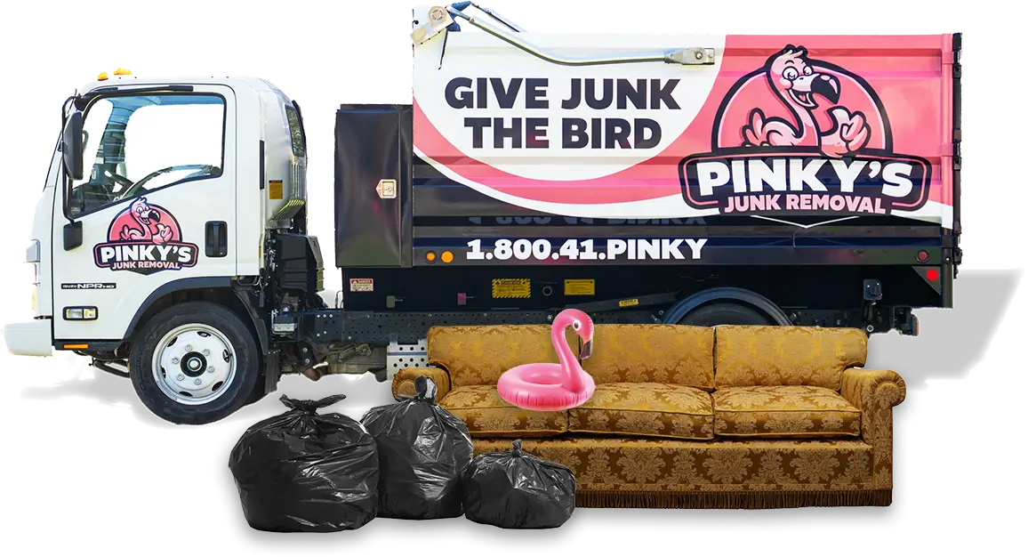Pinky’s Junk Removal truck with old couch, trash bags, and flamingo – furniture and junk pickup service
